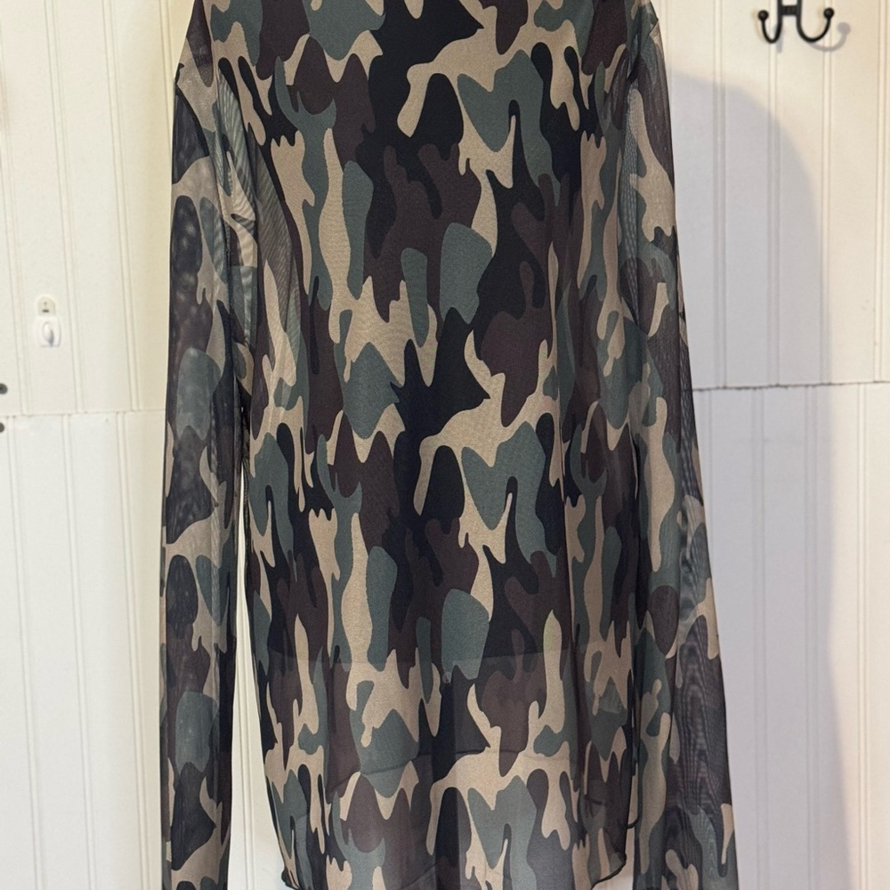 NWT Sheer Camo Long Sleeve Top - Green Beige Black Sz 3x